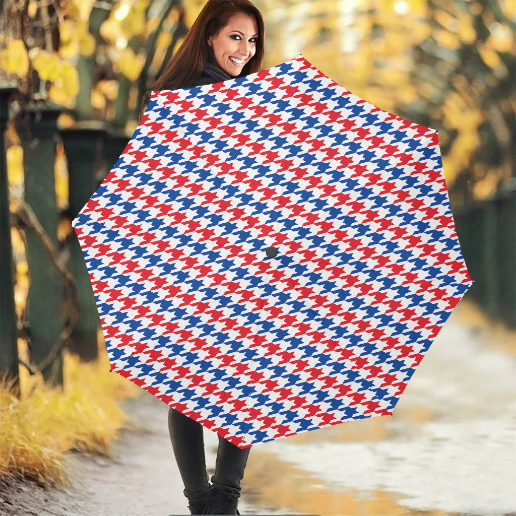 Red Blue And White Houndstooth Print Foldable Umbrella