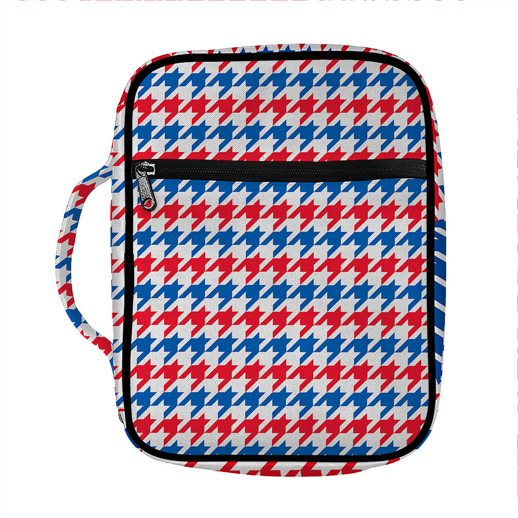 Red Blue And White Houndstooth Print Front Pocket Bible Bag