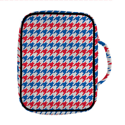 Red Blue And White Houndstooth Print Front Pocket Bible Bag