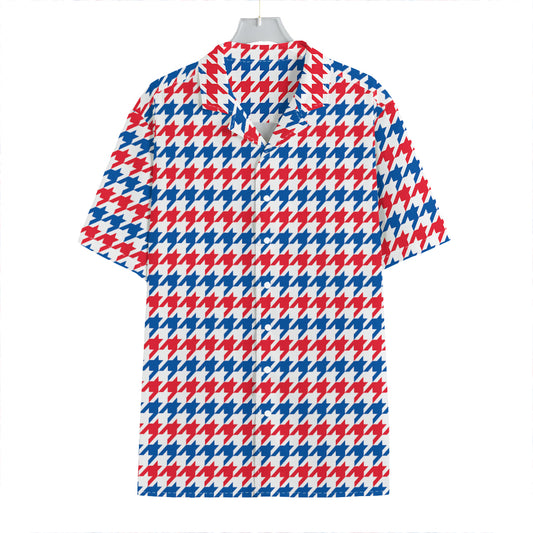 Red Blue And White Houndstooth Print Hawaiian Shirt