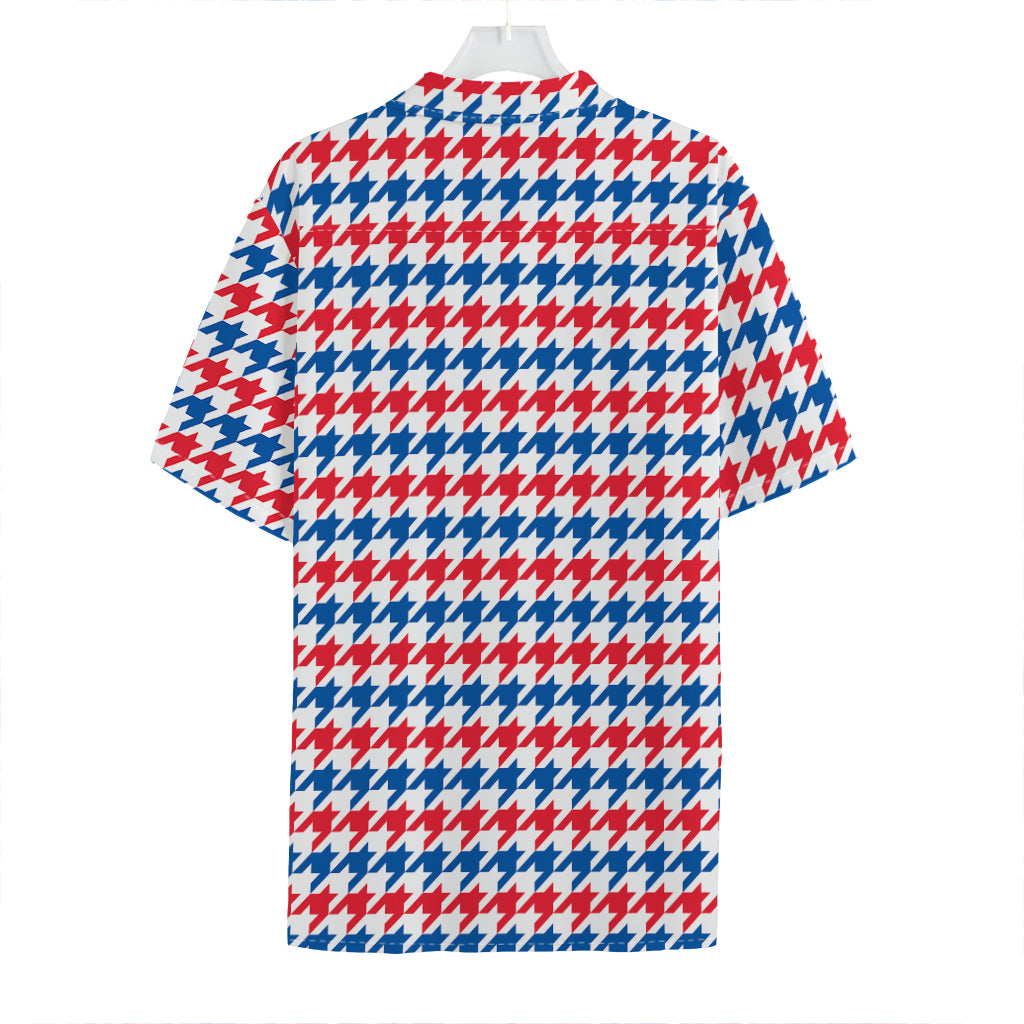 Red Blue And White Houndstooth Print Hawaiian Shirt