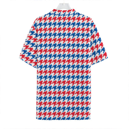 Red Blue And White Houndstooth Print Hawaiian Shirt