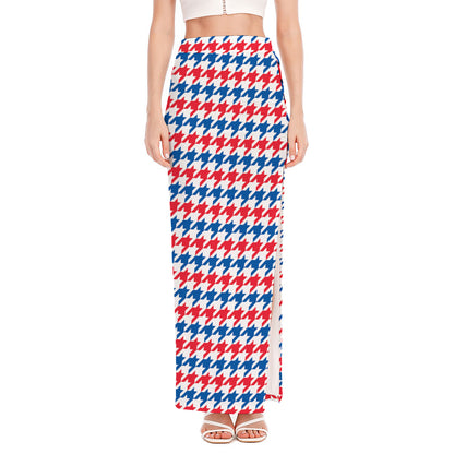 Red Blue And White Houndstooth Print High Slit Maxi Skirt