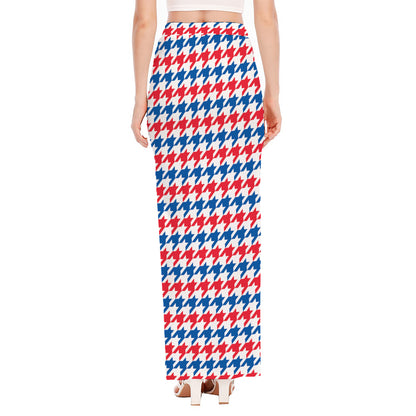 Red Blue And White Houndstooth Print High Slit Maxi Skirt