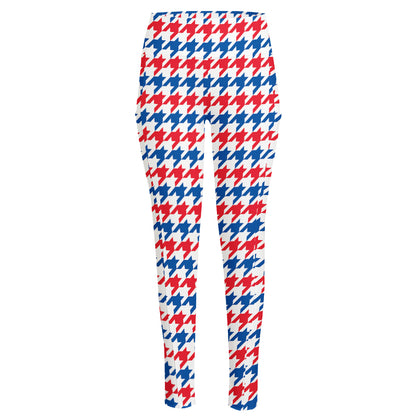 Red Blue And White Houndstooth Print High-Waisted Pocket Leggings