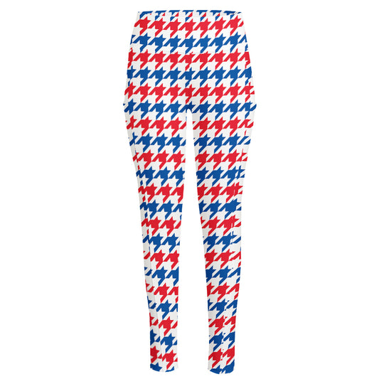 Red Blue And White Houndstooth Print High-Waisted Pocket Leggings