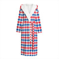 Red Blue And White Houndstooth Print Hooded Bathrobe
