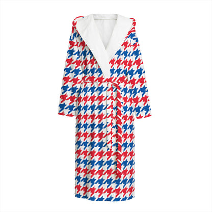 Red Blue And White Houndstooth Print Hooded Bathrobe