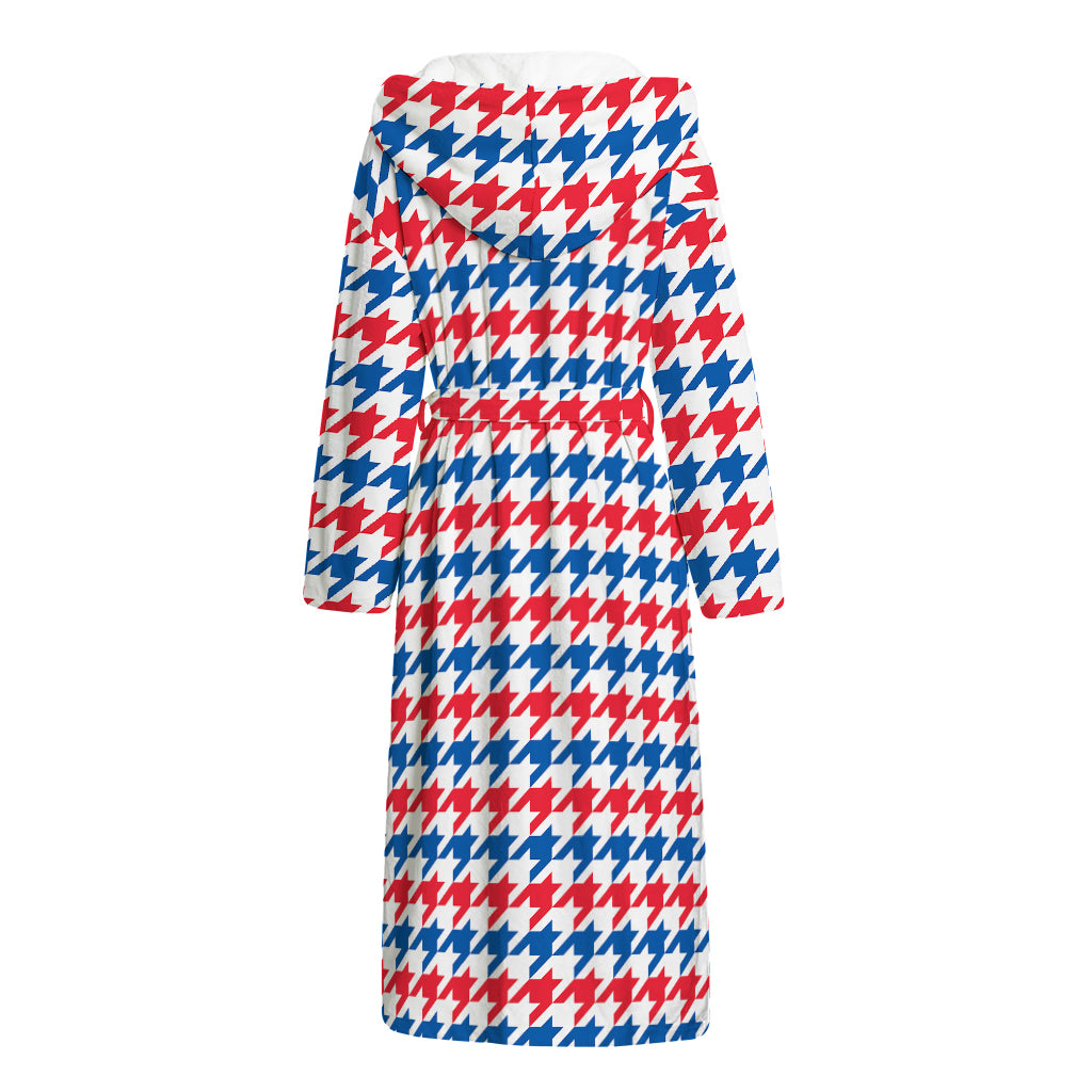 Red Blue And White Houndstooth Print Hooded Bathrobe