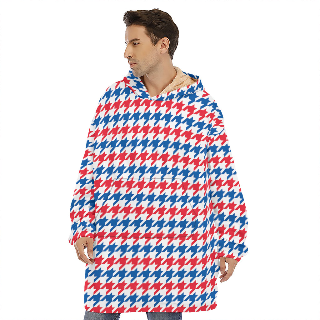 Red Blue And White Houndstooth Print Hoodie Blanket
