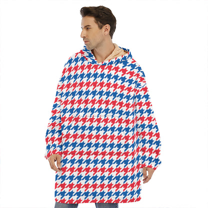 Red Blue And White Houndstooth Print Hoodie Blanket