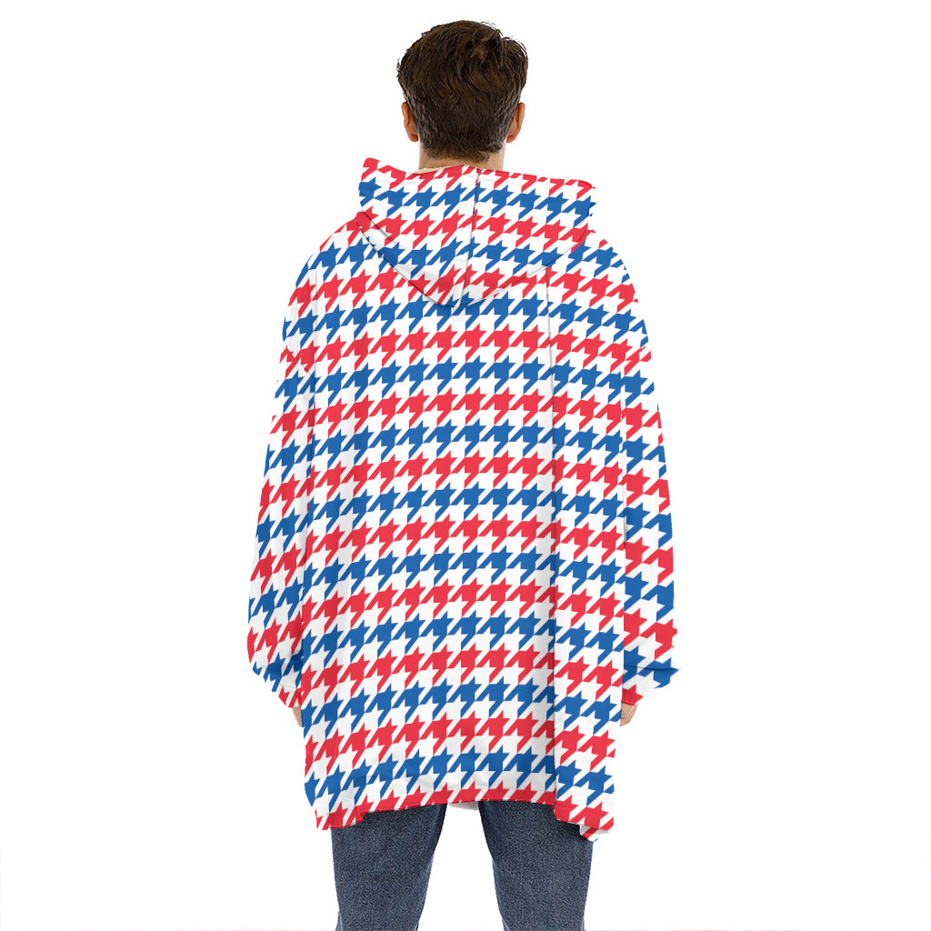 Red Blue And White Houndstooth Print Hoodie Blanket