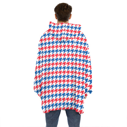 Red Blue And White Houndstooth Print Hoodie Blanket