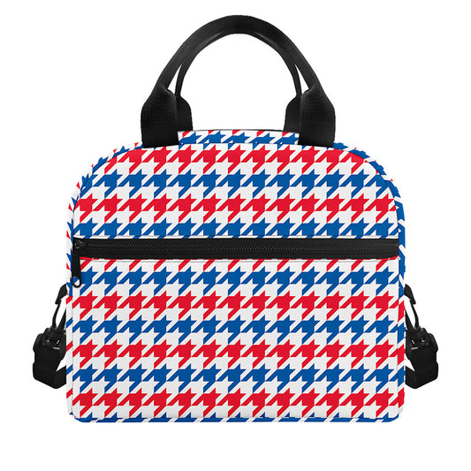 Red Blue And White Houndstooth Print Insulated Lunch Bag