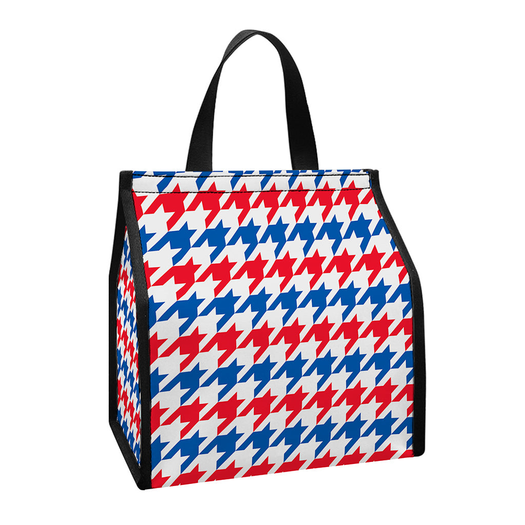 Red Blue And White Houndstooth Print Insulated Lunch Tote
