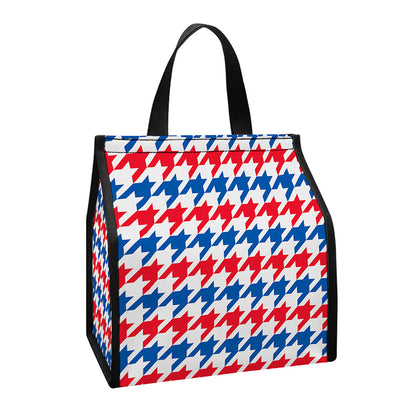 Red Blue And White Houndstooth Print Insulated Lunch Tote