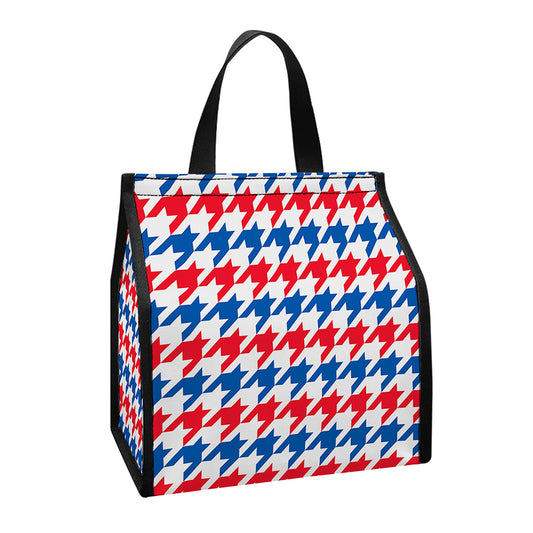 Red Blue And White Houndstooth Print Insulated Lunch Tote