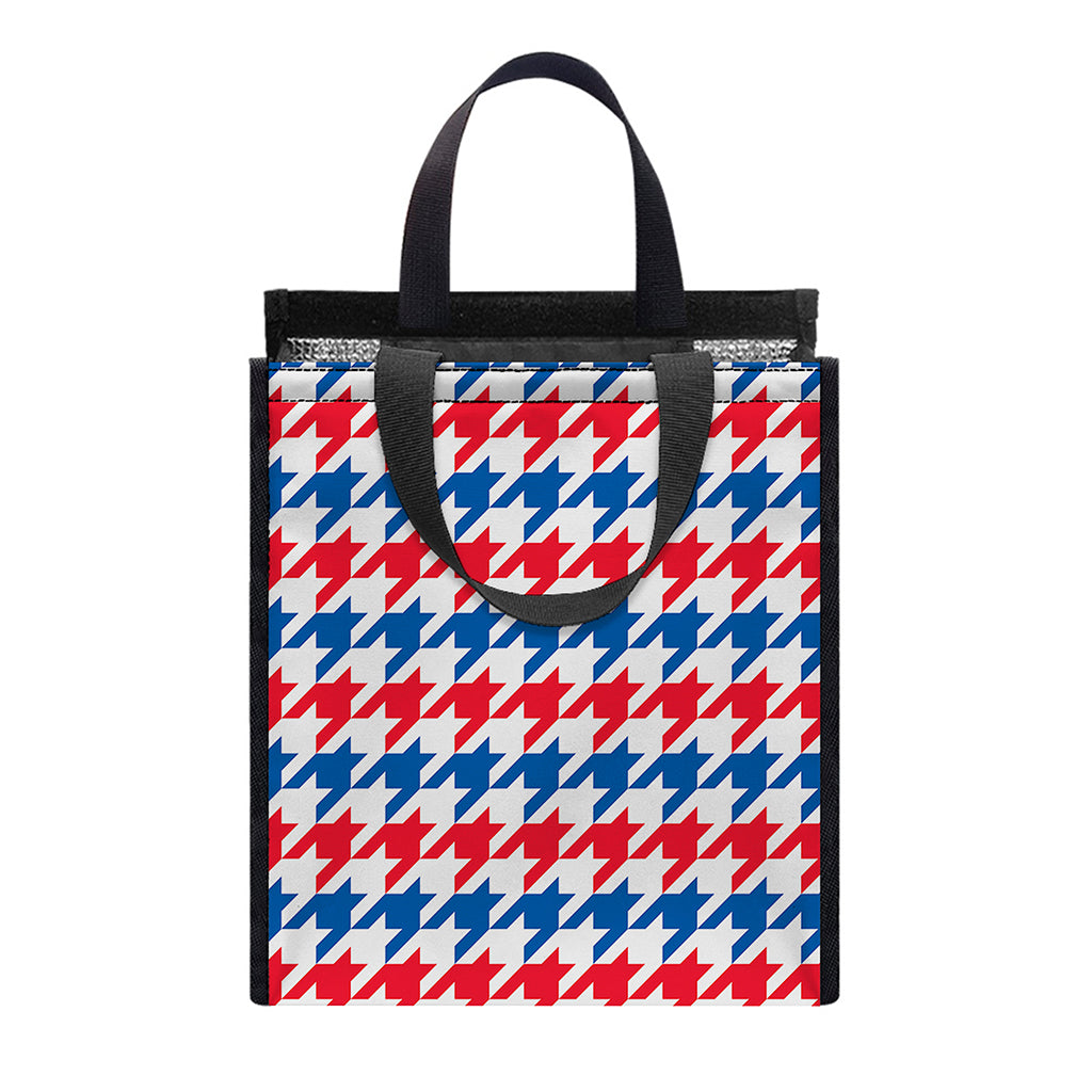 Red Blue And White Houndstooth Print Insulated Lunch Tote