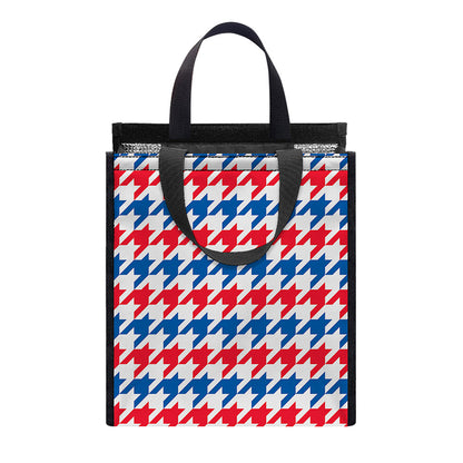 Red Blue And White Houndstooth Print Insulated Lunch Tote