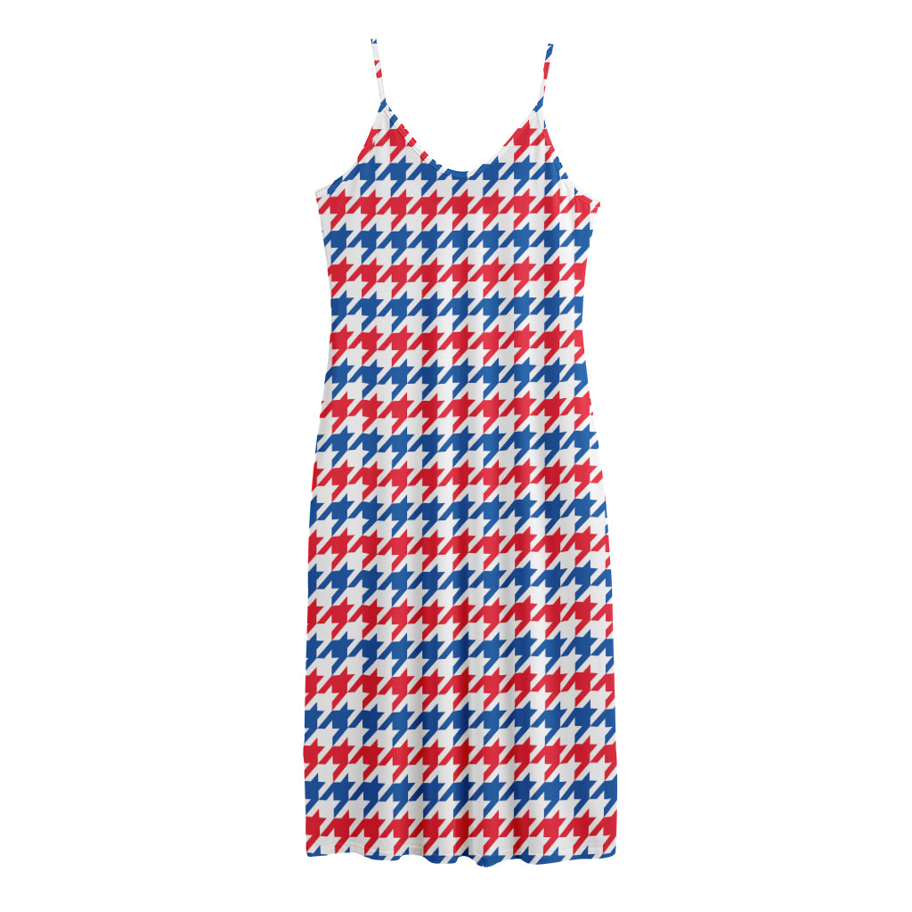 Red Blue And White Houndstooth Print Jersey Midi Cami Dress
