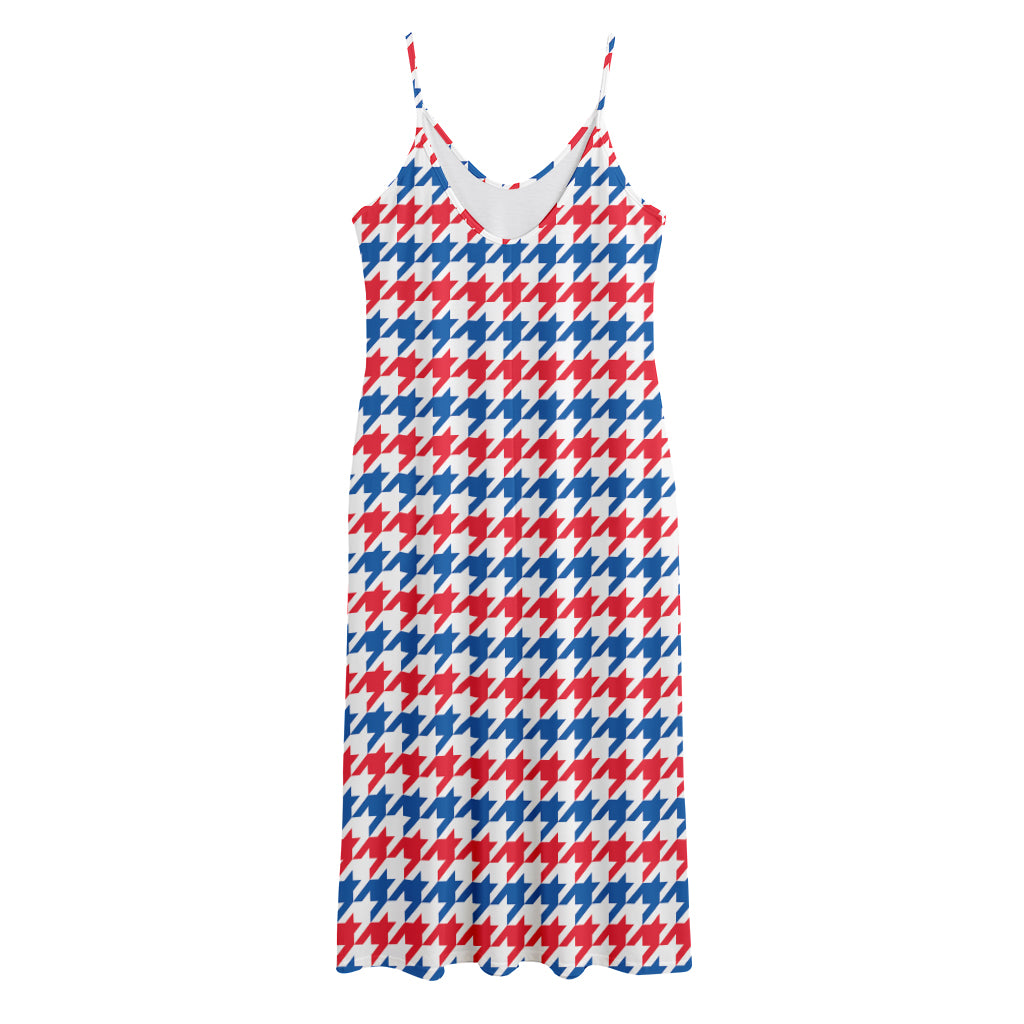 Red Blue And White Houndstooth Print Jersey Midi Cami Dress