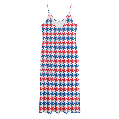 Red Blue And White Houndstooth Print Jersey Midi Cami Dress