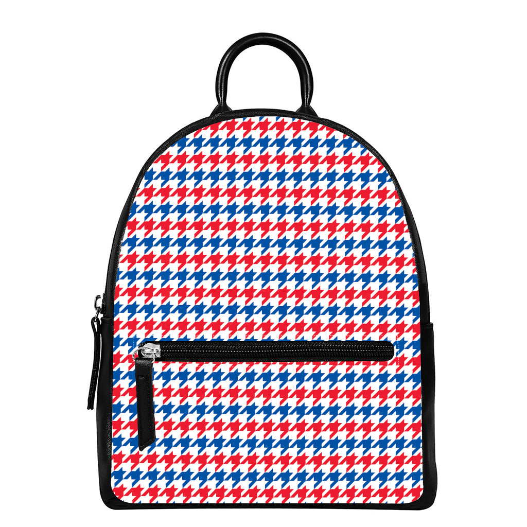 Red Blue And White Houndstooth Print Leather Backpack