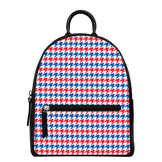 Red Blue And White Houndstooth Print Leather Backpack