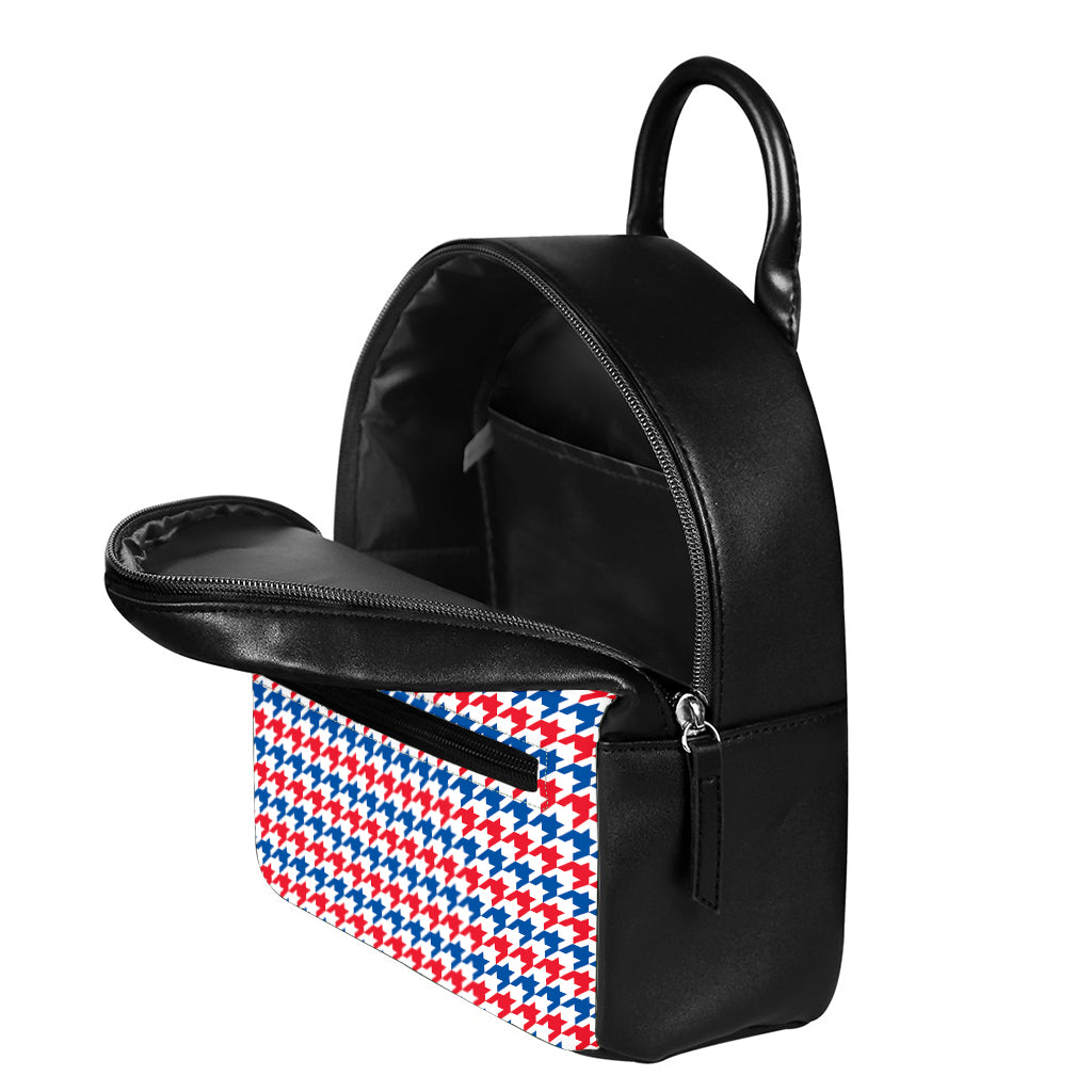 Red Blue And White Houndstooth Print Leather Backpack