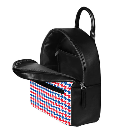 Red Blue And White Houndstooth Print Leather Backpack