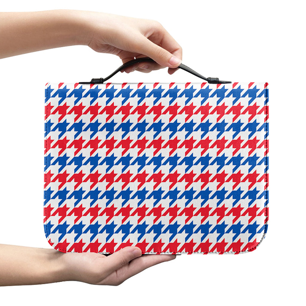 Red Blue And White Houndstooth Print Leather Bible Cover
