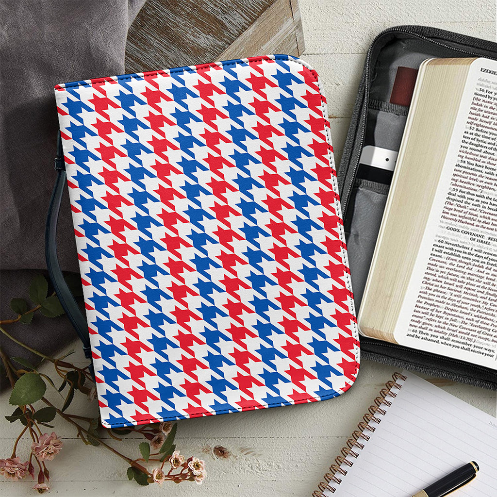 Red Blue And White Houndstooth Print Leather Bible Cover