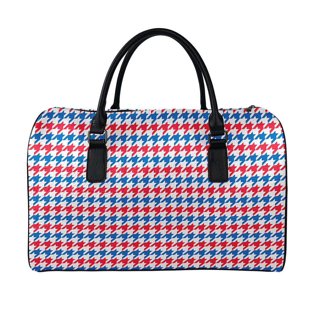 Red Blue And White Houndstooth Print Leather Duffle Bag