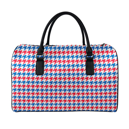 Red Blue And White Houndstooth Print Leather Duffle Bag