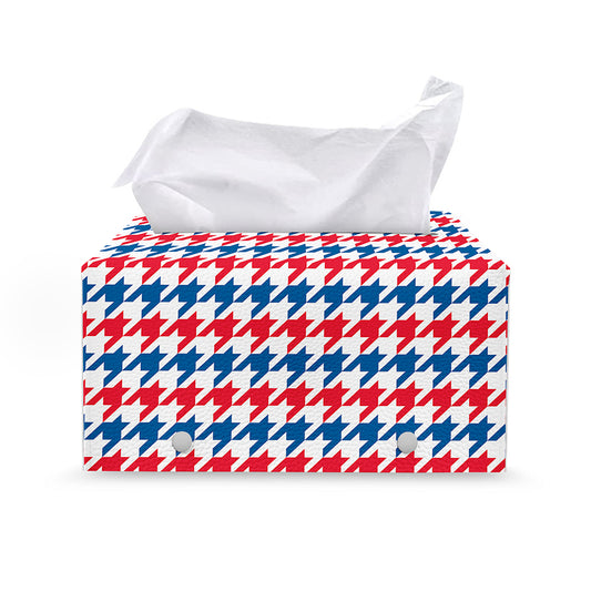 Red Blue And White Houndstooth Print Leather Tissue Box Cover