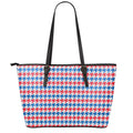 Red Blue And White Houndstooth Print Leather Tote Bag With Zipper