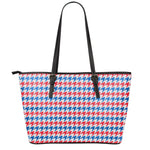 Red Blue And White Houndstooth Print Leather Tote Bag