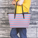Red Blue And White Houndstooth Print Leather Tote Bag