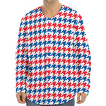 Red Blue And White Houndstooth Print Long Sleeve Baseball Jersey