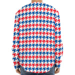 Red Blue And White Houndstooth Print Long Sleeve Baseball Jersey