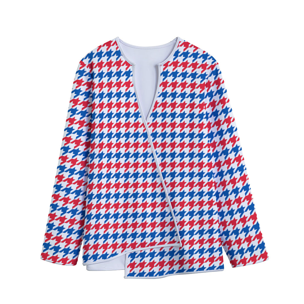 Red Blue And White Houndstooth Print Long Sleeve Short Coat