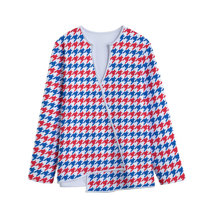 Red Blue And White Houndstooth Print Long Sleeve Short Coat