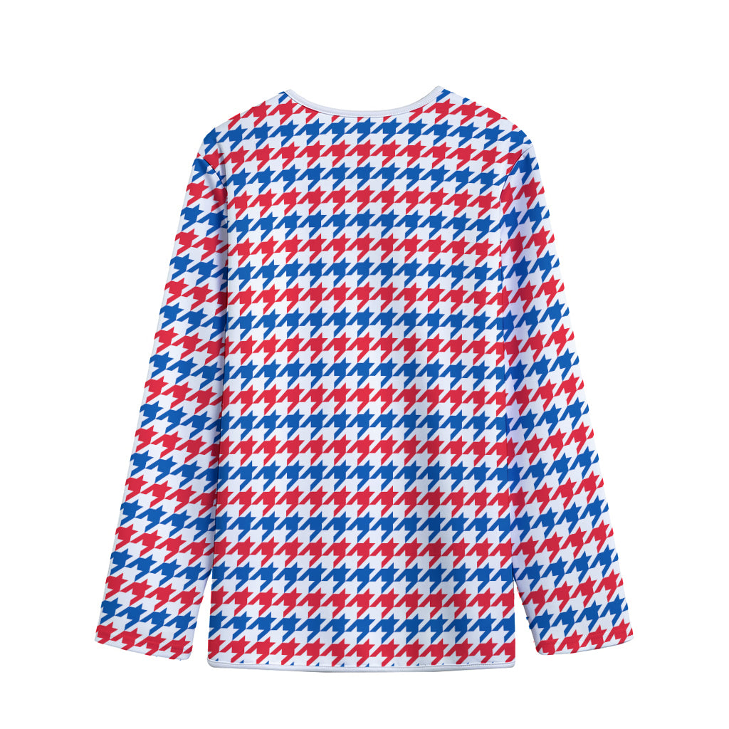 Red Blue And White Houndstooth Print Long Sleeve Short Coat