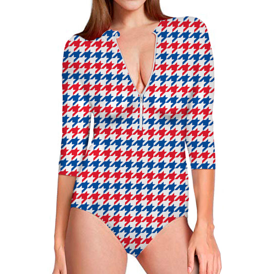 Red Blue And White Houndstooth Print Long Sleeve Swimsuit