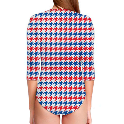 Red Blue And White Houndstooth Print Long Sleeve Swimsuit