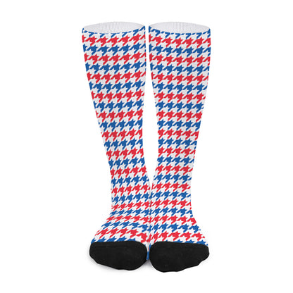 Red Blue And White Houndstooth Print Long Socks