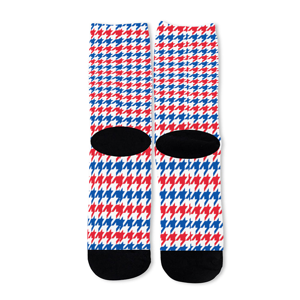 Red Blue And White Houndstooth Print Long Socks