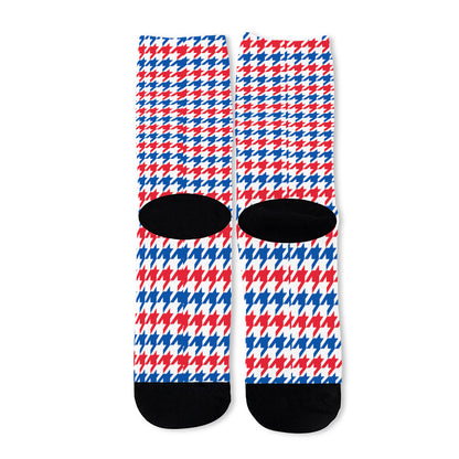 Red Blue And White Houndstooth Print Long Socks