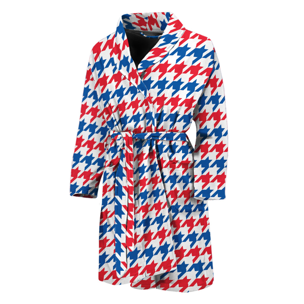Red Blue And White Houndstooth Print Men's Bathrobe