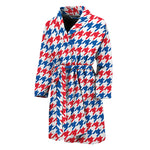 Red Blue And White Houndstooth Print Men's Bathrobe